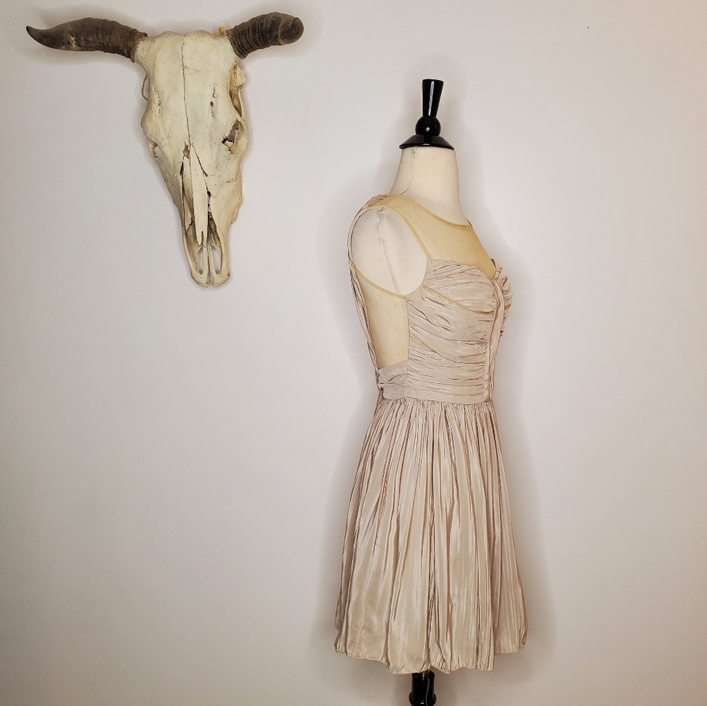 Keemia Nude Beige Fit Flare Dress Sheer Back Pleated Skirt XS S - Picture 3 of 8